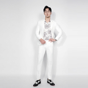 川泽男士英伦风白色西装两件套韩版修身时尚西服套装新郎伴郎套西