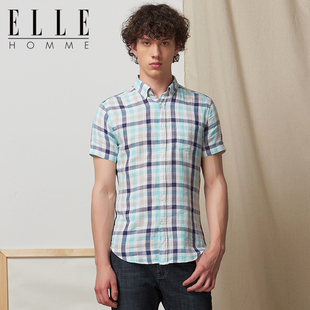 ELLE HOMME男短袖衬衫商务休闲蓝绿格子衬衫男91004