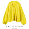 别样舒适感~柠檬黄灯笼袖，v领粗针羊绒，毛衣开衫女纯羊绒针织开衫