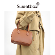sweetbox小众牛皮手提包，单肩斜挎包女保龄球大容量复古波士顿包潮