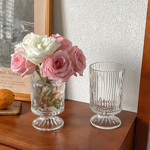 欧式风复古浮雕透明玻璃高脚花瓶，轻奢高级感水养插花餐桌装饰摆件