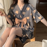 睡衣女夏季带胸垫纯棉短袖套装，汗蒸服洋气和服日系可爱卡通家居服