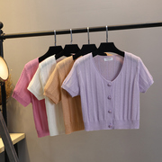 香芋紫针织开衫短袖女纯色法式短款v领t恤夏薄款镂空宽松外搭上衣
