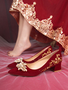 婚鞋新娘鞋秀禾婚纱，两穿2023年中式红色尖头，高跟鞋女孕妇