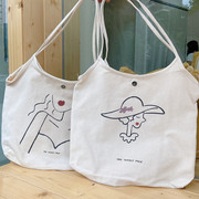 学院风手绘线条帆布包女ins韩国日系原宿学生书包环保购物袋