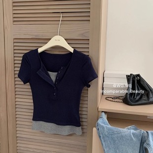 设计感假两件深蓝色短袖T恤女夏季2023千禧辣妹修身显瘦上衣