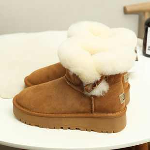 2023冬季牛角扣雪地靴女皮毛，一体厚底保暖防滑短靴，真皮棉靴子