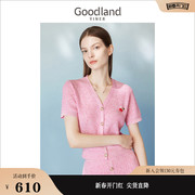 季夏恋果goodland美地女装，2023夏季度假风v领樱桃针织衫