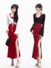 红色v领无袖挂脖连衣裙女夏季高级感气质法式复古性感开叉长裙子