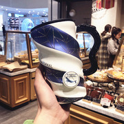 创意蓝色系大容量马克杯陶瓷咖啡杯子带盖勺韩版女学生家用喝水杯