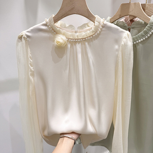 2024韩国修身显瘦立领木耳边花朵珍珠项链长袖雪纺衬衫女春季