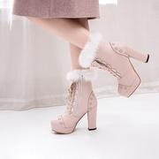 秋冬甜美短靴lolita鞋洛丽塔靴子，粗跟防水台高跟鞋兔毛马丁靴