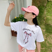女童T恤短袖白色2024夏韩系宽松蝴蝶结字母印花休闲儿童体恤