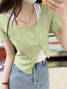 假两件撞色方领短袖T恤女夏季修身体恤韩系chic别致短款上衣
