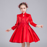 女儿童礼服春秋款大红色，中大童装连衣裙，长袖童公主裙2件套装韩版