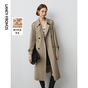 朗姿羊毛复古中长款风衣外套，法式设计感气质春季大衣女2024年
