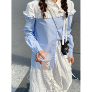 老玛儿早夏设计感蓝白拼接(白拼接)木，耳边衬衫女2024年小众长袖衬衣上衣