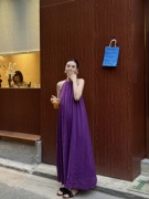 zhangsutong苎麻吊带连衣裙，2024春夏贵妇裙子紫色，高级感长裙