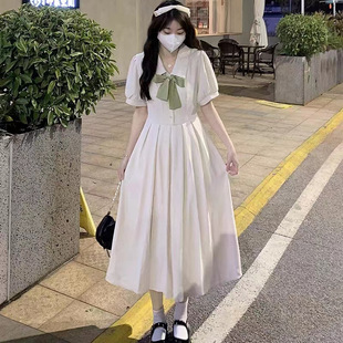 高级感气质收腰米白色连衣裙2023夏季学院风polo领森女系长裙