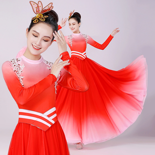 双层开场舞大摆裙连体灯火里的中国红色舞蹈服演出服女合唱服