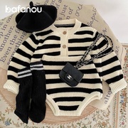 巴梵欧女宝宝套装春季韩版条纹针织婴儿毛衣外套开衫两件套
