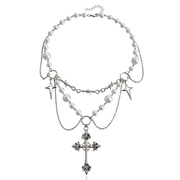 欧美跨境饰品 小众设计双层高亮珍珠流苏十字星十字架项链女百搭