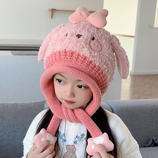 儿童帽子冬季女童护耳针织帽，男孩加厚保暖套头帽可爱毛线帽子