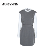 Magyann独立原创设计拼色假两件显瘦气质军装风收腰连衣裙女