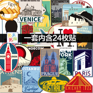 日默瓦旅游系列个性欧美城市地标行李箱贴纸，怀旧复古拉杆箱子贴画