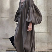 韩国2023早春时尚，宽松大板型棉麻系带，v领大灯笼袖长裙连衣裙