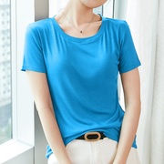 夏季蓝色短袖T恤女纯棉莫代尔薄款冰丝上衣纯色湖蓝色打底衫