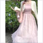 温柔风粉紫色吊带连衣裙女套装夏季防晒长袖，开衫压褶收腰显瘦长裙