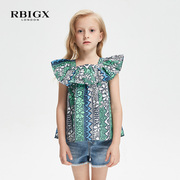 rbigx瑞比克童装上衣，方领荷叶边百搭飞袖设计感潮夏装短袖女