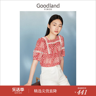 Goodland美地女装夏季复古方领短袖蕾丝花边印花衬衫上衣