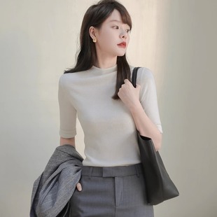 韩系半高领白色中袖针织打底衫女薄款2024秋季修身内搭上衣