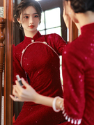 雪尼尔红色旗袍，2023秋季新中式新娘敬酒服结婚连衣裙订婚服