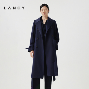 LANCY/朗姿2024春季藏蓝色收腰长款薄风衣外套双排扣英伦风女