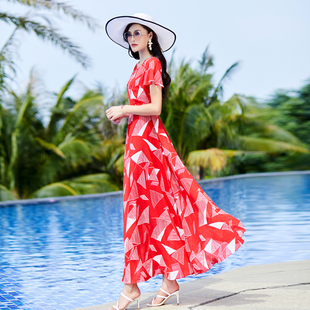 波西米亚长裙女装夏2021雪纺大摆红色收腰气质海边度假沙滩连衣裙