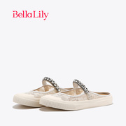 bellalily水钻半包拖鞋女时尚，蕾丝平底鞋一脚蹬休闲鞋