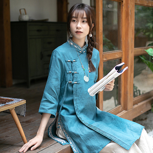远镇夏亚麻(夏亚麻)衬衫五分袖，复古盘扣刺绣，中国风上衣中长款中式茶服女装