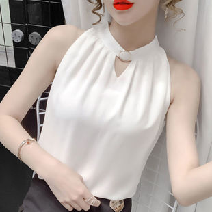雪纺无袖衬衫女夏季韩版时尚时髦性感，镂空挂脖背心小衫上衣潮