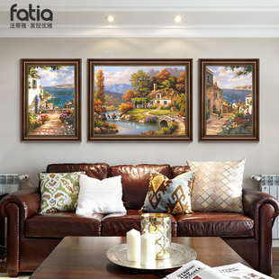 美式客厅装饰画沙发背景墙大气，挂画手绘油画，欧式三联画高级感壁画