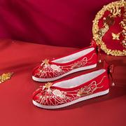 2021日常低帮布鞋平跟圆头红色花朵汉服鞋秋季女款后系带女婚鞋