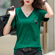 纯棉短袖t恤2024年夏季v领镶钻宽松女装半袖，绿色体桖上衣服潮