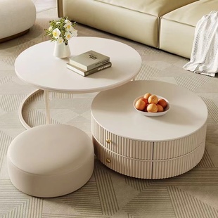 轻奢伸缩茶几桌组合家用客厅小户型可移动奶油风圆型简约茶台