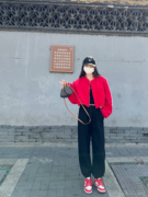 大红色外套女韩国东大门春季洋气条纹短款上衣开衫显瘦百搭潮