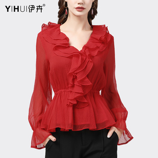雪纺衫女装喇叭长袖荷叶，边v领上衣红色，收腰显瘦洋气春秋小衫
