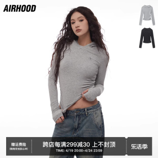 AIRHOOD 欧美连帽长袖T恤女2024春季纯色辣妹修身显瘦打底衫上衣