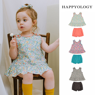 happyology英国女童两件套夏季装印花无袖衬衫套装，女宝宝可爱套装