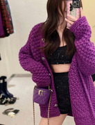 mmz早秋甜美款紫色编织针织开衫外套，粗棒针中长款加厚毛衣
